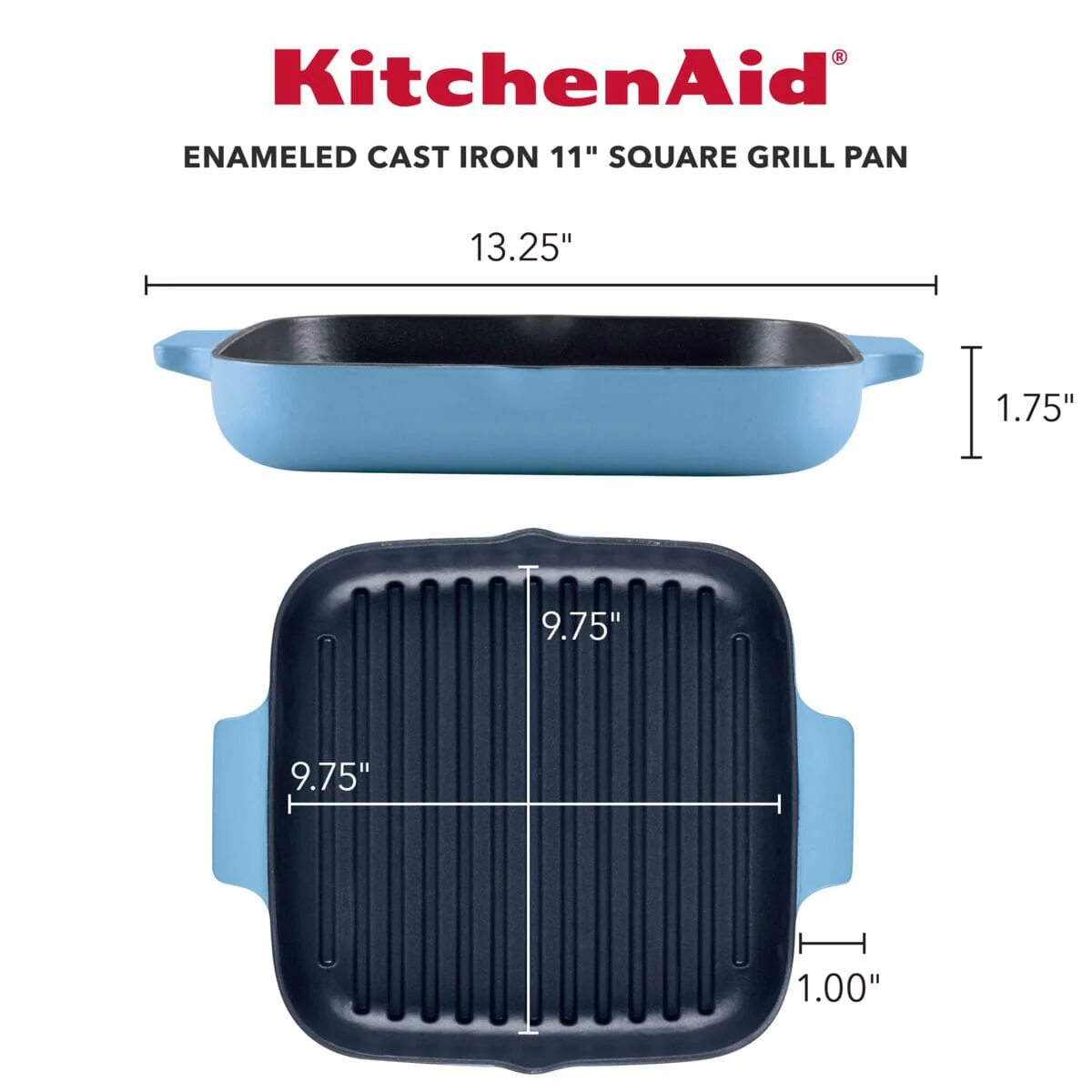 KitchenAid 11-Inch Enameled Cast Iron Grill Pan - Blue Velvet - Image 2