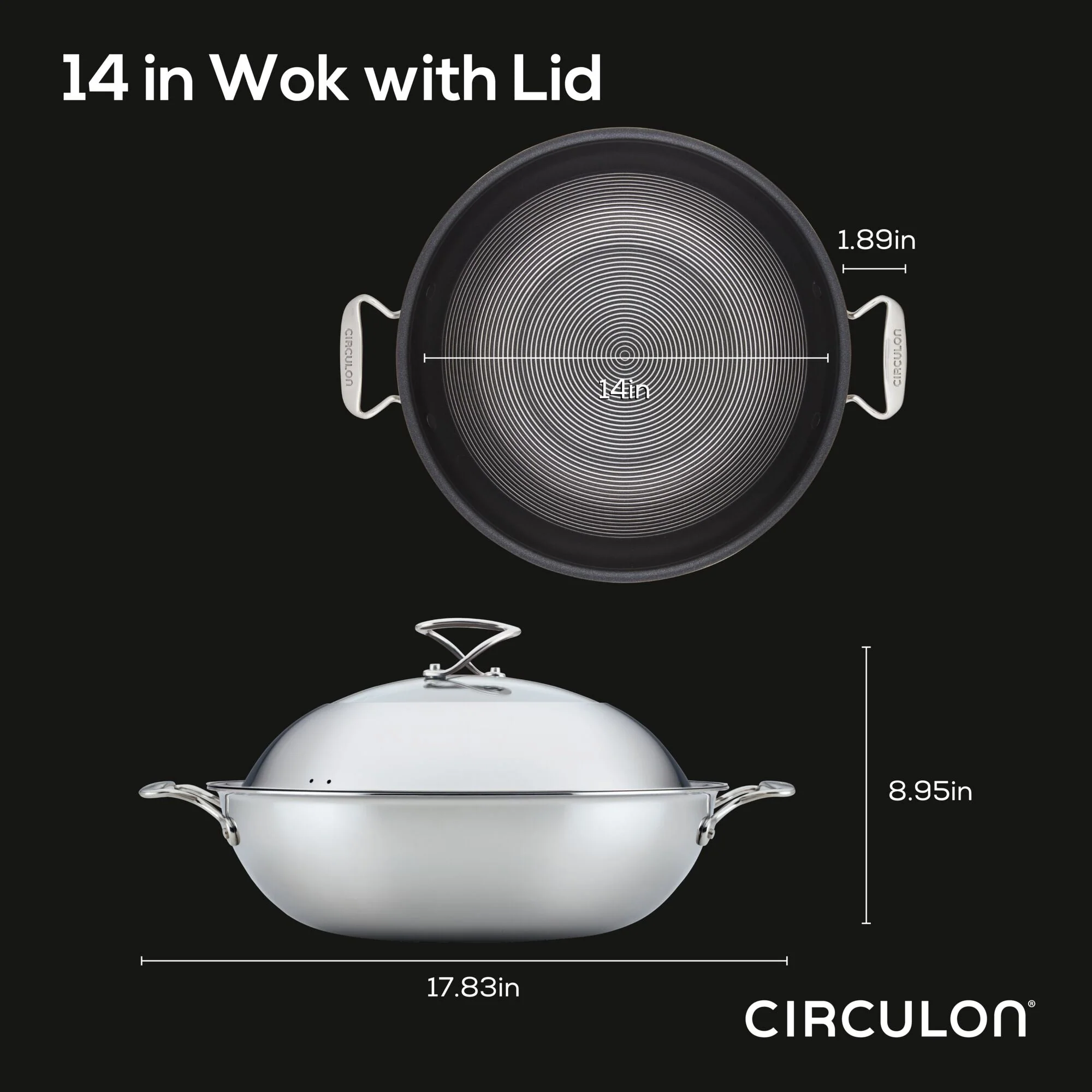Circulon Clad Stainless Steel Wok with Glass Lid and Hybrid SteelShield and Nonstick Technology, 14-Inch, Silver - Image 3