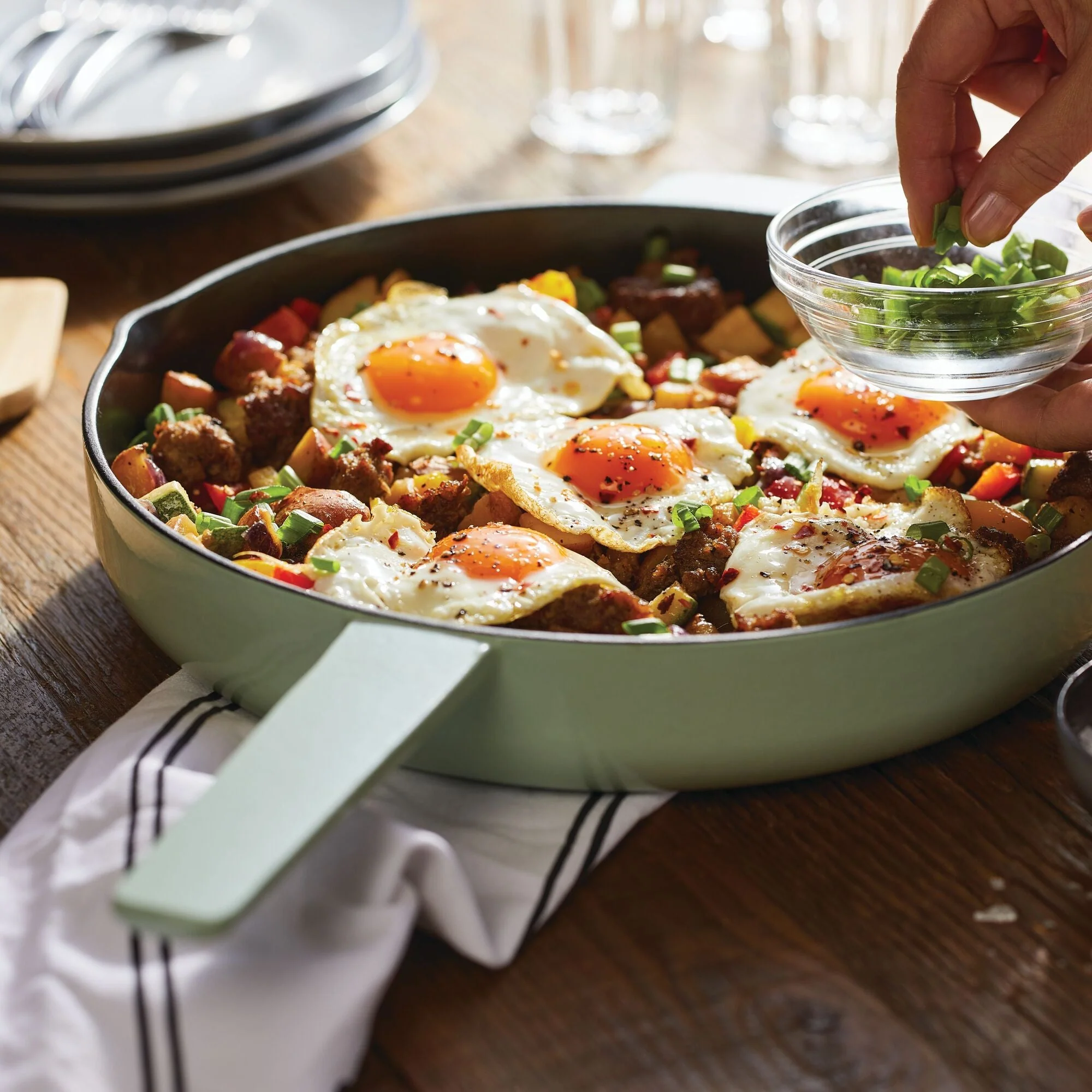 KitchenAid Enameled Cast Iron Skillet with Helper Handle and Pour Spouts, 12-Inch, Pistachio - Image 2