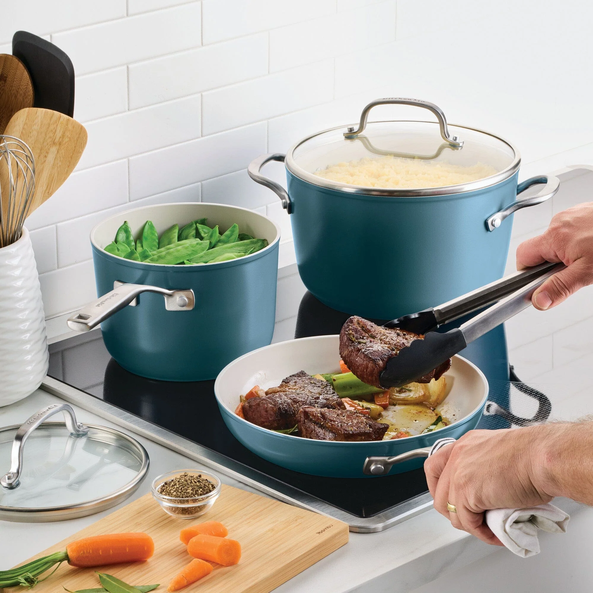 KitchenAid Hard Anodized Ceramic Induction Nonstick 9 Piece Cookware Set Agave Blue - Image 4