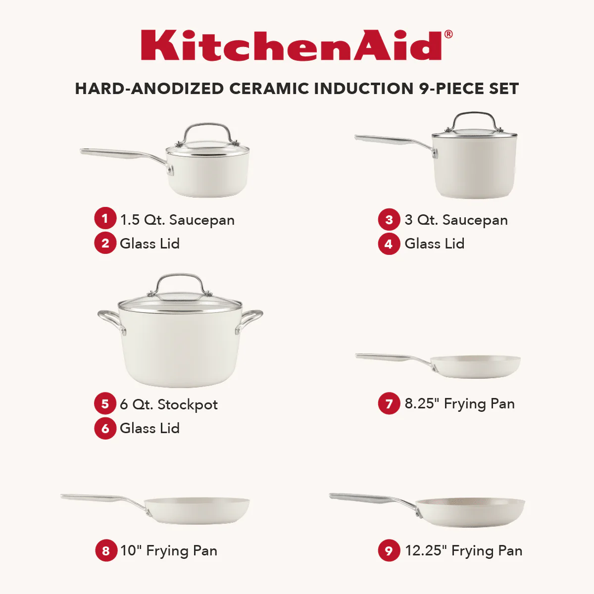 KitchenAid Hard Anodized Ceramic Induction Nonstick 9 Piece Cookware Set Porcelain White - Image 2