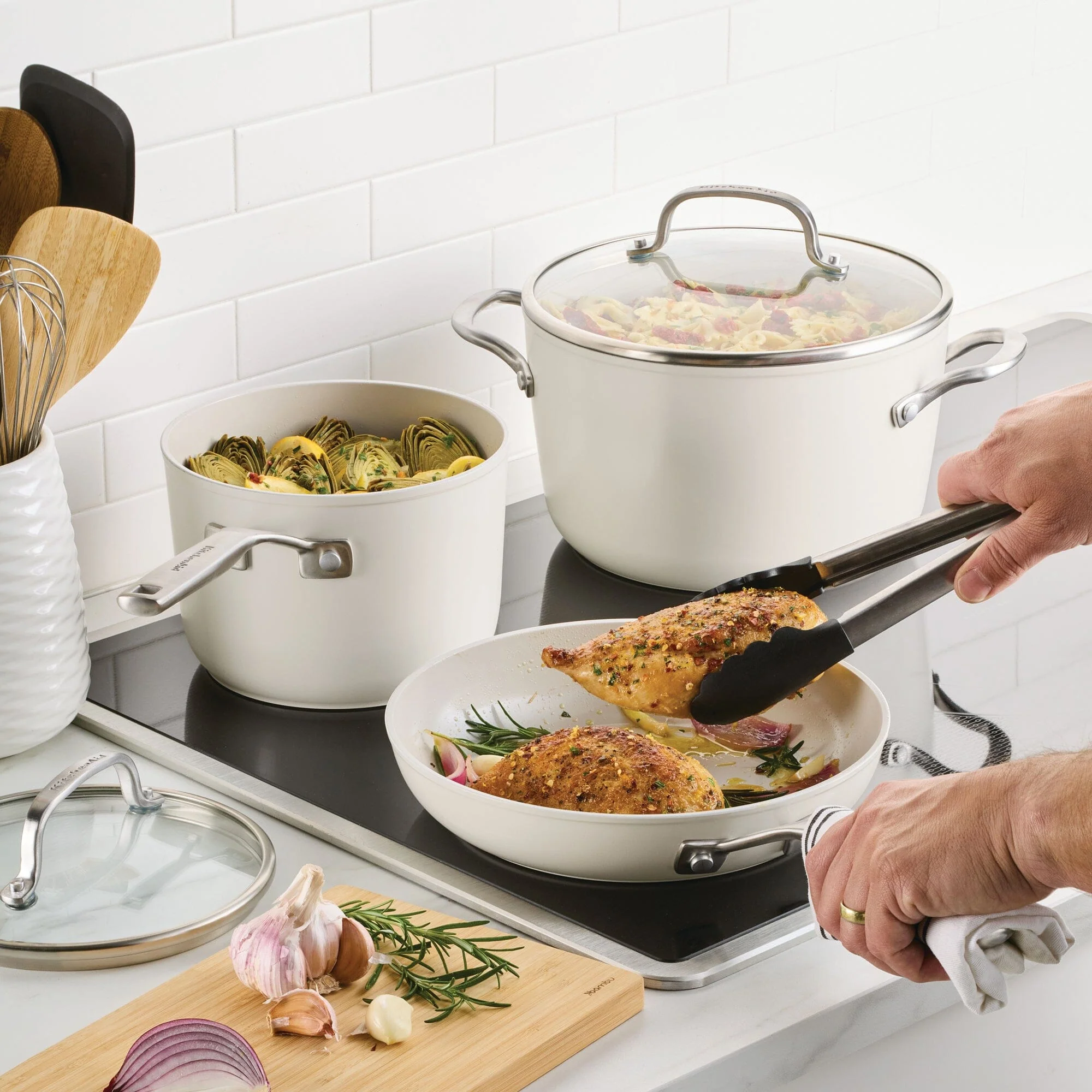 KitchenAid Hard Anodized Ceramic Induction Nonstick 9 Piece Cookware Set Porcelain White - Image 6