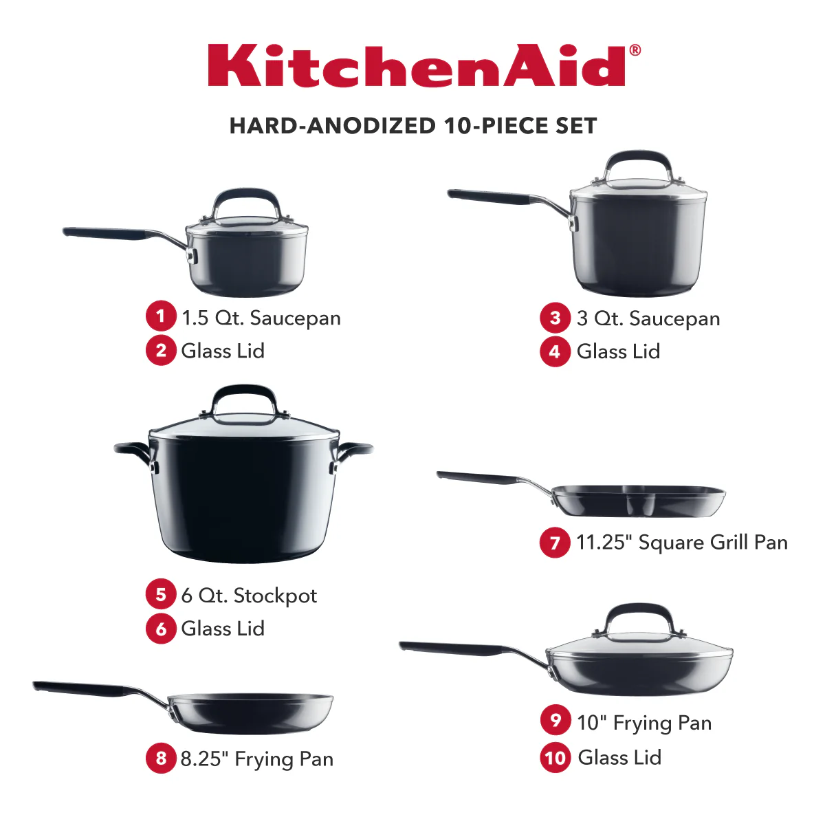 KitchenAid Hard Anodized Nonstick Cookware Set, 10-Piece, Onyx Black - Image 2