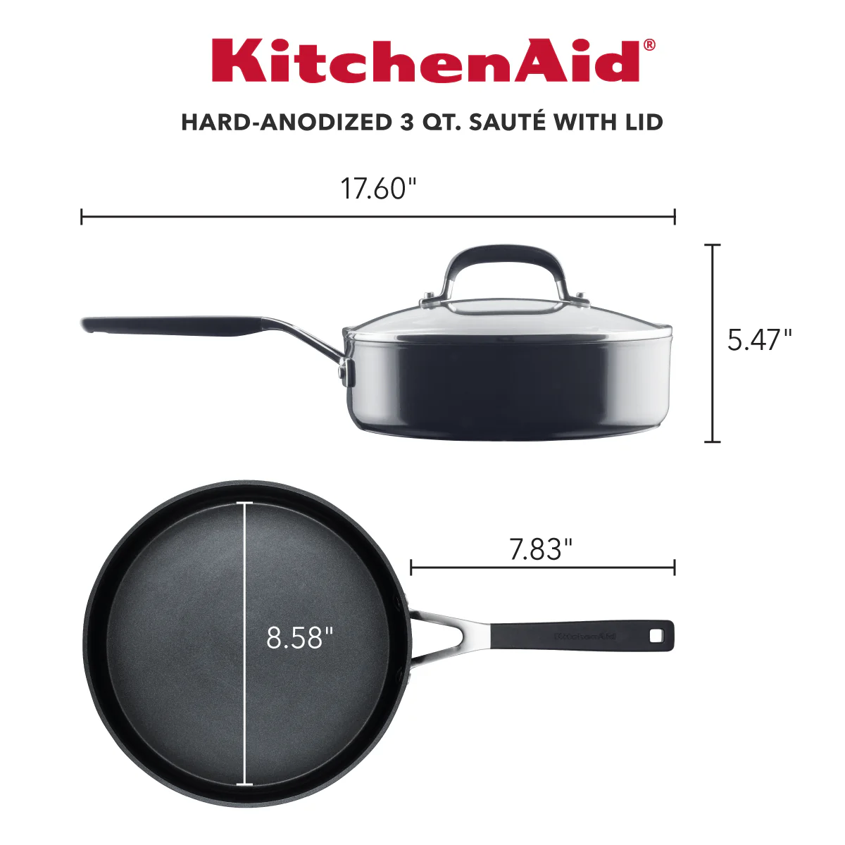 KitchenAid Hard Anodized Nonstick Saute Pan with Lid, 3-Quart, Onyx Black - Image 2