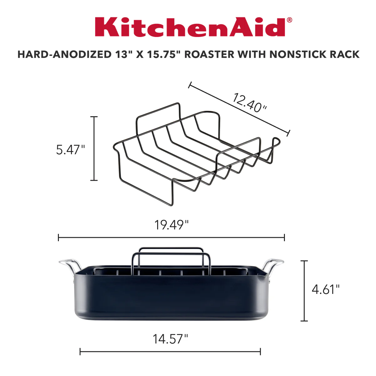 KitchenAid Hard Anodized Roaster with Removable Nonstick Rack, 13-Inch x 15.75-Inch, Matte Black - Image 2