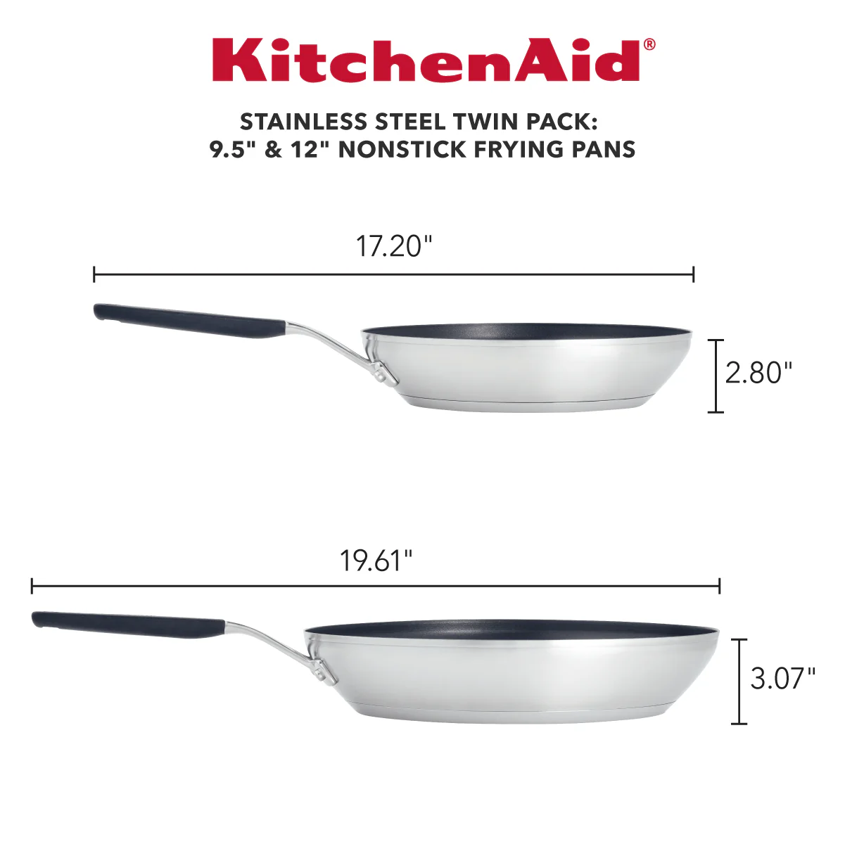 KitchenAid Stainless Steel Nonstick Frying Pan Set, 2-Piece, Brushed Stainless Steel - Image 3