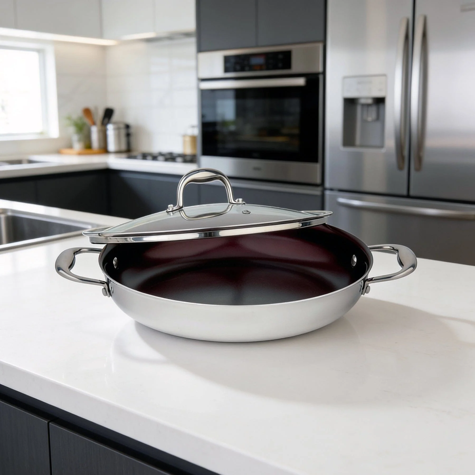 Meyer Tri-Ply Clad Stainless Steel 28cm/11" Everyday Pan Non Stick Skillet with cover, Made in Canada - Image 2