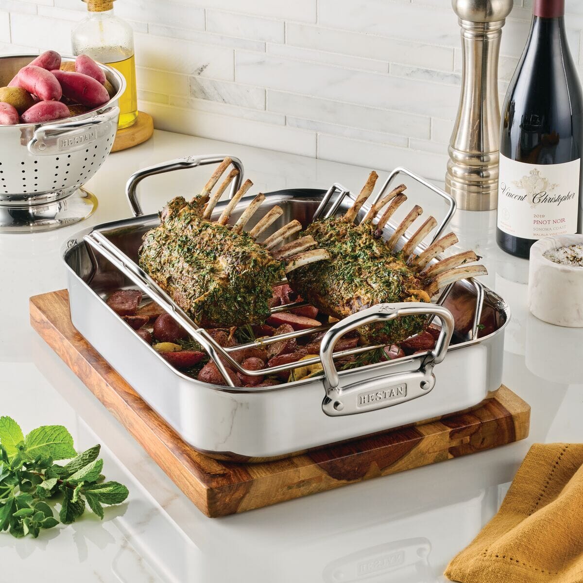 Provisions 14.5-Inch Polished Clad Stainless Steel Roaster with Rack, Small - Image 2